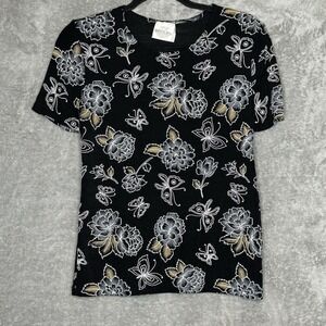 TR Bentley Large Top Shirt Black Floral Flower Scoop Neck Short Sleeve Stretch